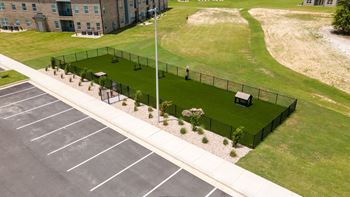 A black fenced area with a small garden in the middle of a parking lot.